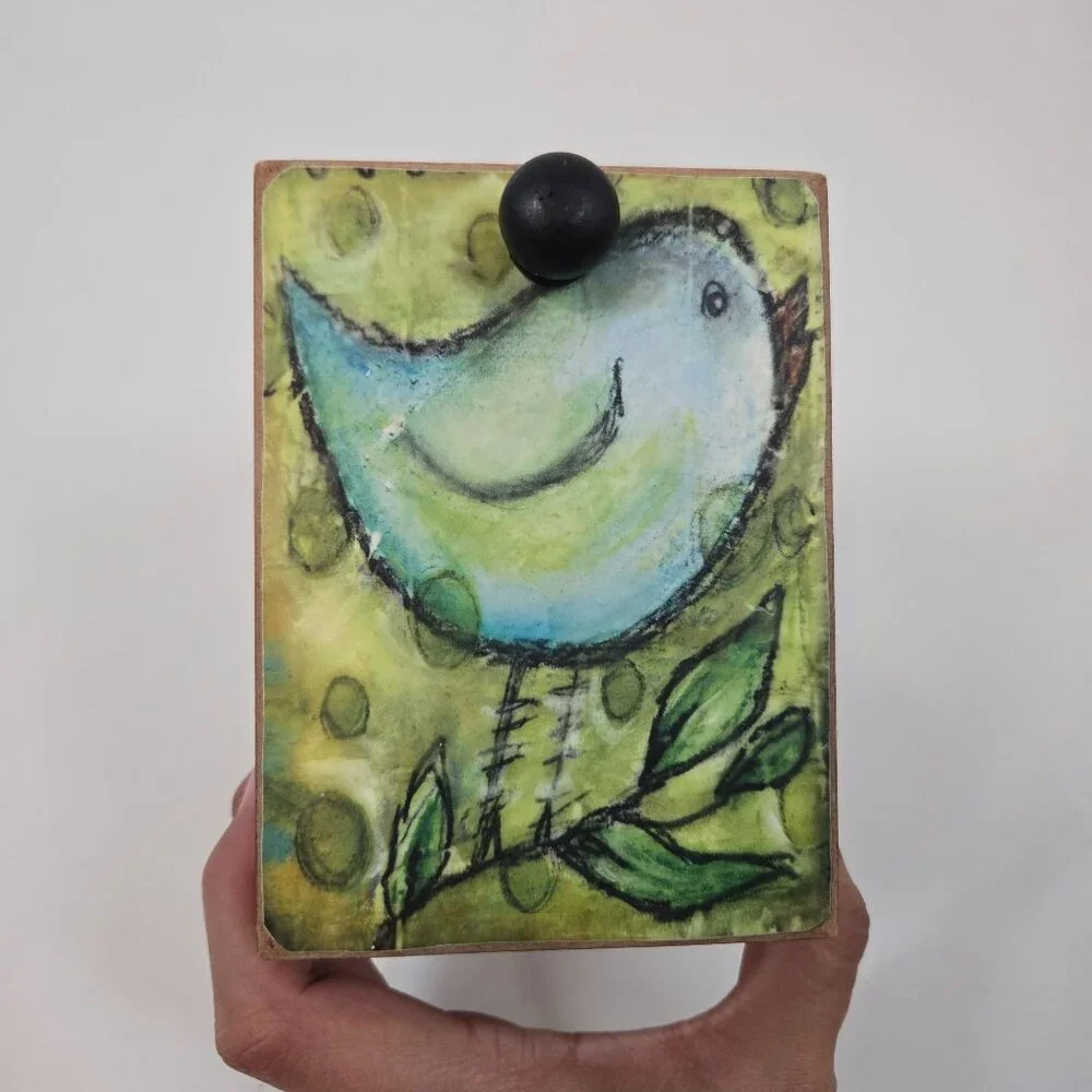 Lisa Kaus Whimsical Bird Print Mini Wooden Drawer Box Desk Storage Collage Words
